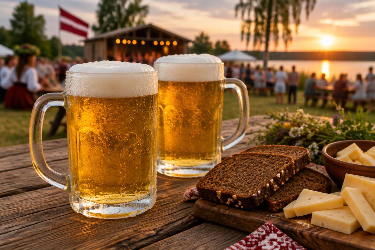 Divas alus krūzes uz ozola galda Līgo svētkos pie ezera