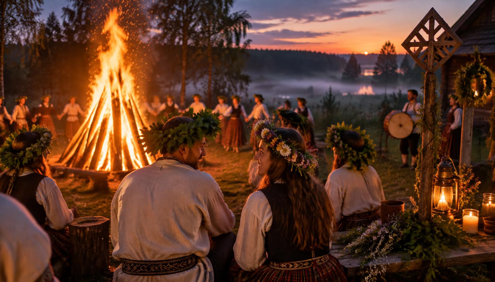 Līgo nakts ugunskurs ar ozollapu un ziedu vainagiem Latvijas laukos